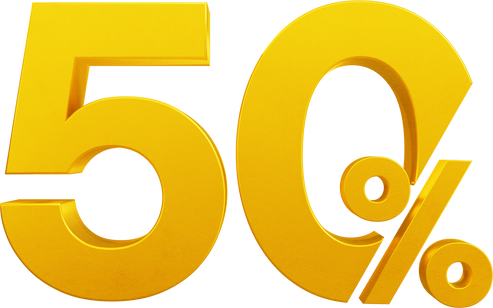 Golden fifty percent sign, 50% off, Sales concept